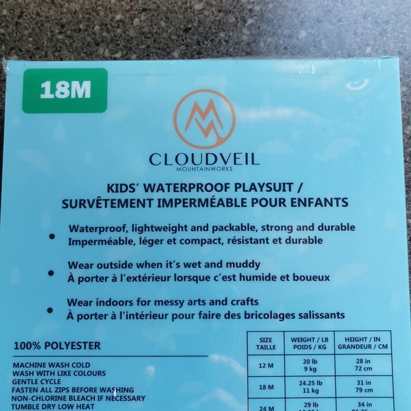 18 m Cloudveil Mountainworks Kid New waterproof playsuit rain suit blue NWT - Picture 9 of 12